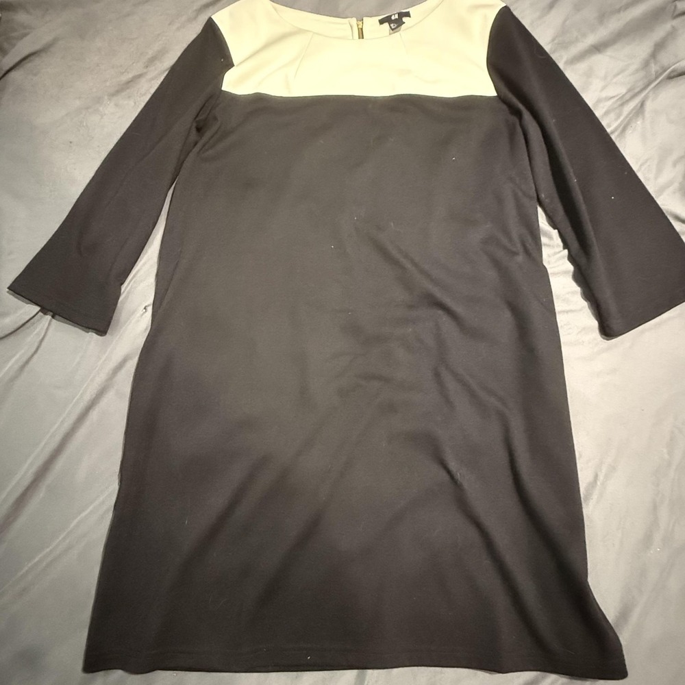 H&M Dress Womens L Black Colorblock Knit 3/4 Sleeve Shift Boat Neck Zip Back